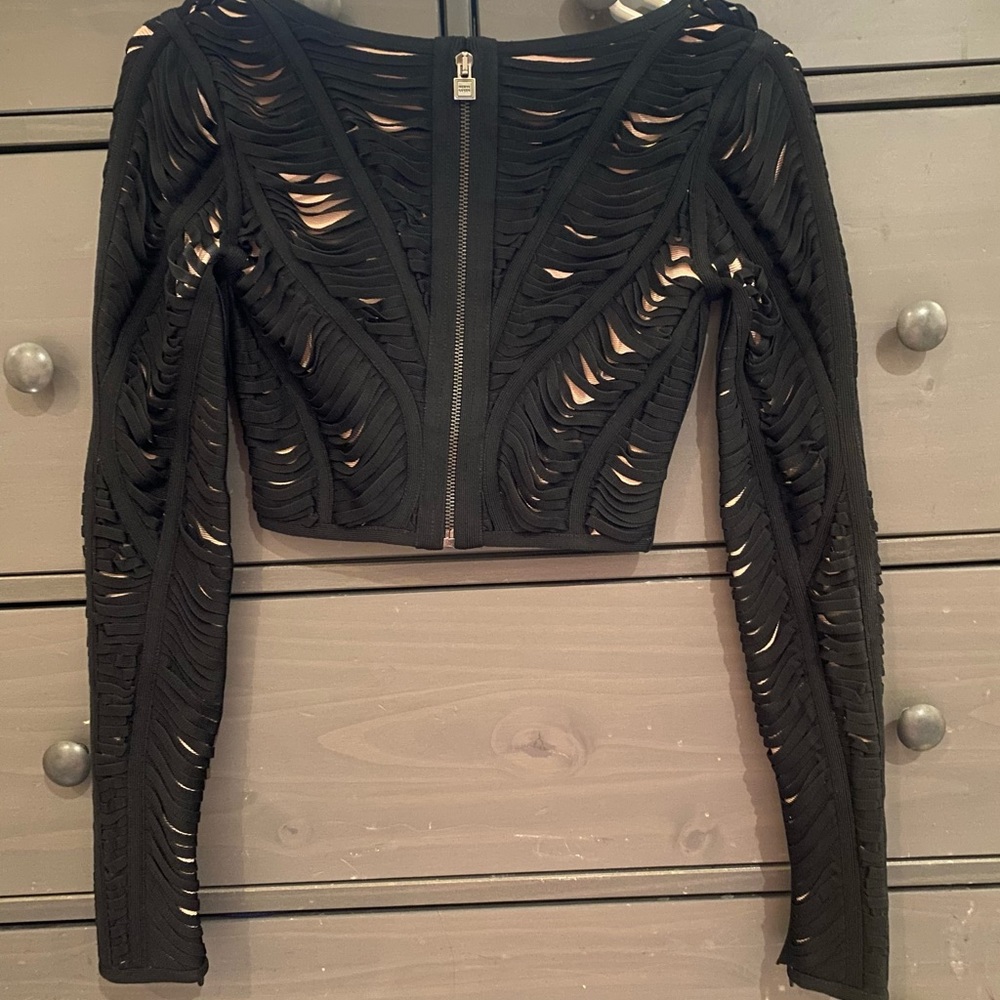 Herve Leger Black Cutout Long Sleeve Crop Top with Nude Lining - Picture 9 of 14